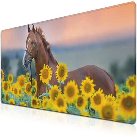Gaming Desk Mat Sunflowers, Gaming Mousepad Computer Desk Pad, Home Office Decor Non-Slip Rubber Base Waterproof with Stitched Edges, 35.4 X 15.7 inch for Work/Game/Office/Home Red Stallion