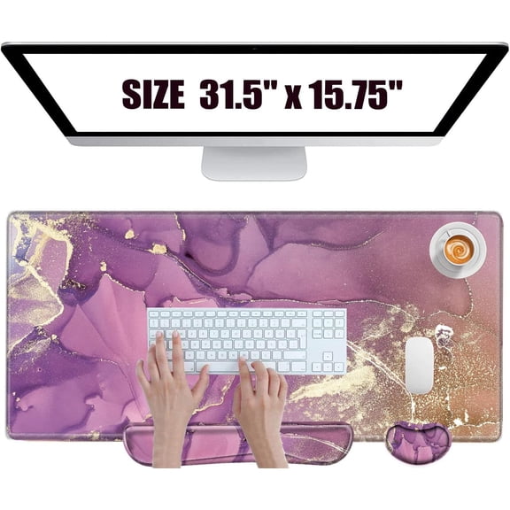 Gaming Desk Mat On Top of Desks Large Ergonomic Mouse Pad Marble Purple Desk Pad Wrist Rest for Computer Keyboard Pad with Wrist Support Gaming XXL Big Mousepad for Women