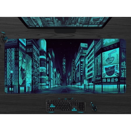 Gaming Desk Mat xl, Tokyo Street Mouse Pad, extra large deskmat anime, Green Skyline