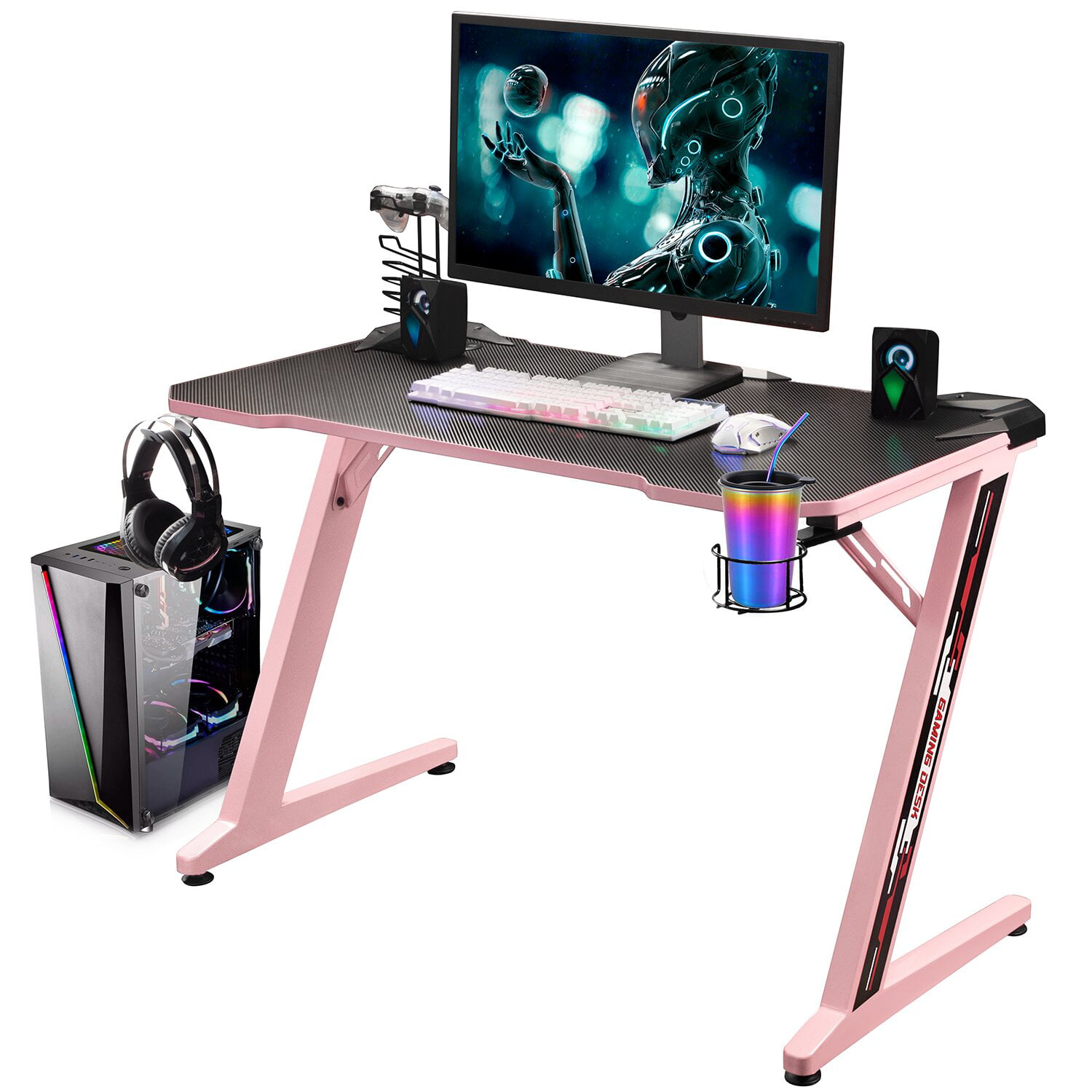 Gaming Desk Computer Table Metal Frame w/ Cup Holder, Headphone Hook, Cable  Hole
