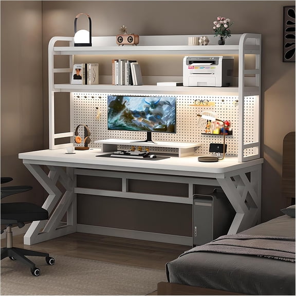 Gaming Desk with Pegboard and Storage Shelves, Computer Desk with Home Office Design, Modern Office Desk with Spacious Computer Workspace for Home Office and Gaming Setup (White, 31.5 in)