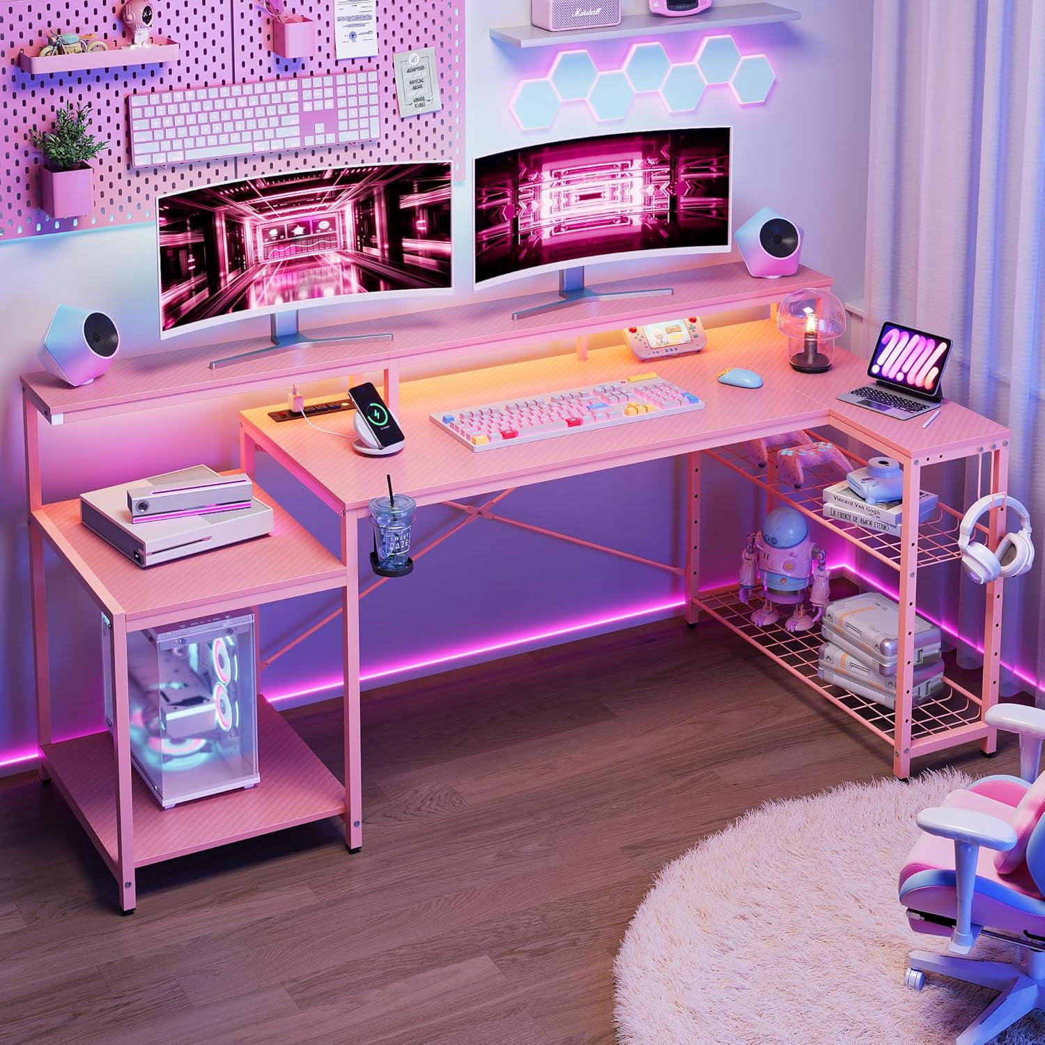 Gaming Desk with Power Outlet, 71.5 inch LED Computer Desk with Monitor ...