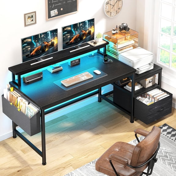 Gaming Desk with Power Outlets and LED Lights,57" Computer Desk with Drawers and Printer Space,Office Desk with File Drawers Cabinet,Gaming Table with Shelves Monitor Stand,Study Room,Black