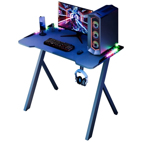 Gaming Desk with RGB LED Lights, Carbon Fiber Surface Gaming Table, Large Gaming Computer Desk, X-Shaped Legs PC Workstation Desk with Cup Holder & Headphone Hook