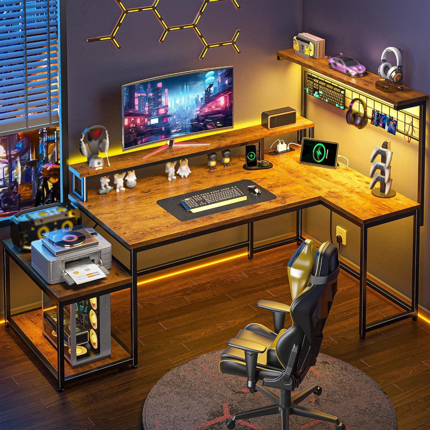 Gaming Desk with Shelves & Hooks, 56