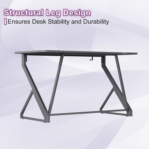 Gaming Desk Z Shaped 47 Inch Gamer Workstation, Home Computer Carbon Fiber Surface Gaming Desk PC Table with Headphone Hook, Carbon Fiber Grey