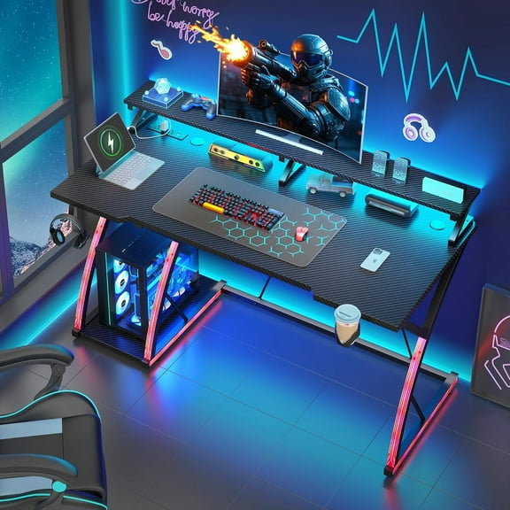 Gaming Desk with LED Light & Power Outlets, 48" Computer Desk with Monitor Stand, PC Shelf, Mouse Pad, Cup Holder, 2 Hookings, Carbon Fiber Black