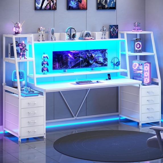 Gaming Desk with LED Lights, Large PC Gamer Desk Workstation with 8 Drawers and Storage Shelves
