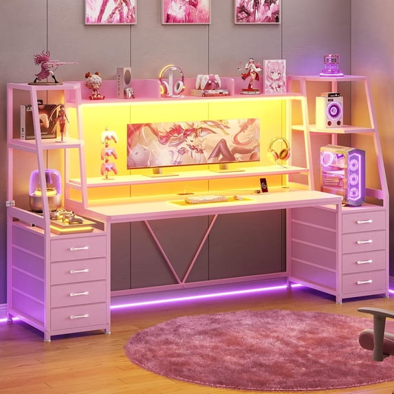 Gaming Desk with LED Lights, Large PC Gamer Desk Workstation with 8 Drawers and Storage Shelves