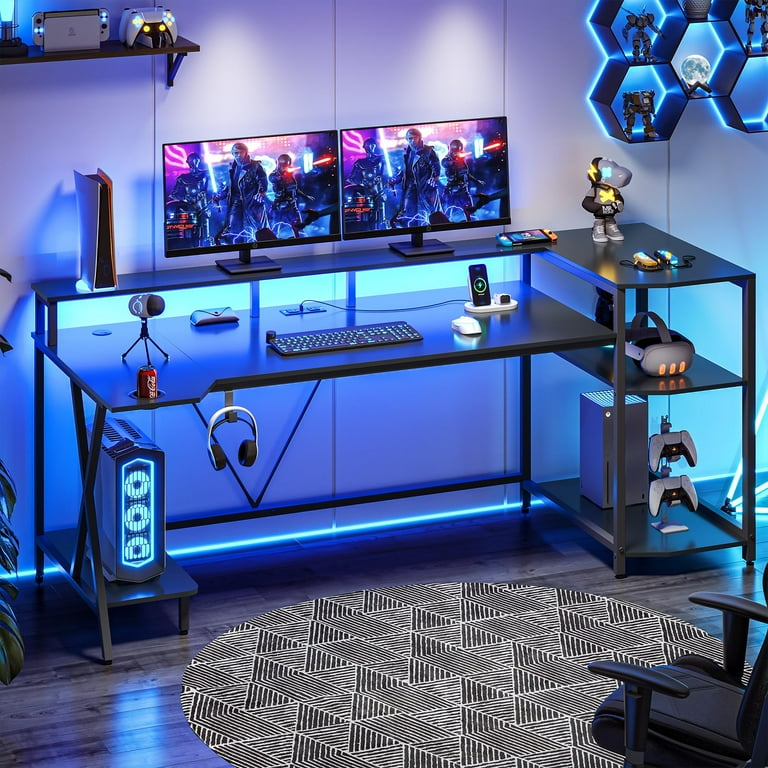 GAMMA Black Gaming Desk with LED Lighting, Shelves & Hutch — FurniComp