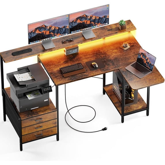 HLDIRECT 55 inch Gaming Desk with Power Outlets & LED Lights, Computer Desk with 3 drawers & Storage Shelves, Gaming Table with Monitor Stand and Foldable Tabletop