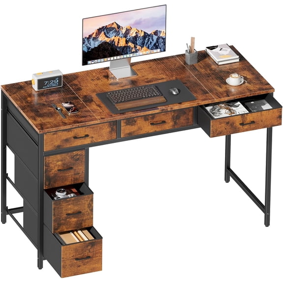 HLDIRECT 47 inch Computer Desk with 6 Drawers, Reversible Home Office Desk with Storage, Office Desk for Home Office, Writing, Study, Work, Living Room,Rustic Brown
