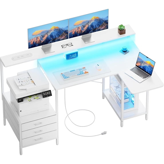 HLDIRECT 55 inch Gaming Desk with Power Outlets & LED Lights, Computer Desk with 3 drawers & Storage Shelves, Gaming Table with Monitor Stand and Foldable Tabletop
