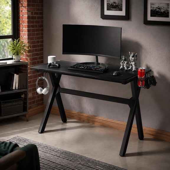 Gaming Desk with Mouse Pad, Cup Holder, Headphone Hook & Controller Stands, X-Frame Steel, Carbon Fiber Surface