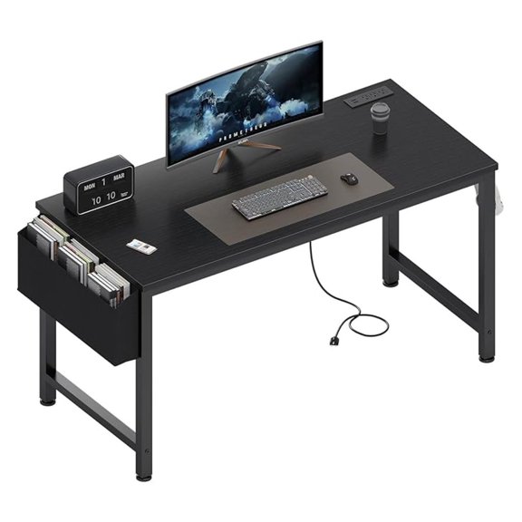 Gaming Desk with Power Outlet, 47 inch Teen Study Table Home Office Work Writing Computer Desks with Charging Station Outlets Built in, Black