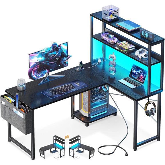 Huuger L Shaped Desk Gaming Desk with LED Lights & Power Outlets, Computer Desk with