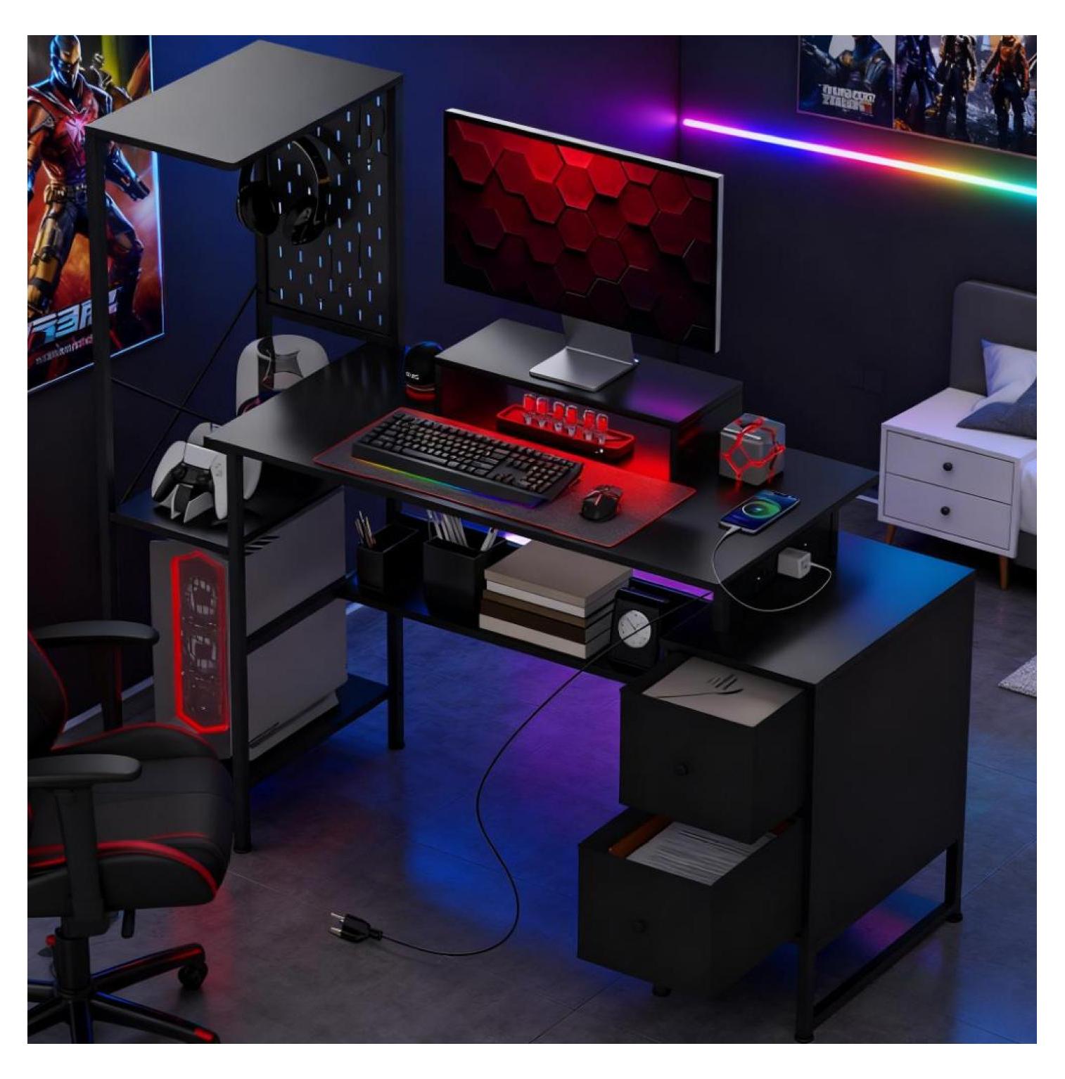 Storage Computer Tabel Gaming Desk with Storage, Computer Table with Power Outlets and LED ...