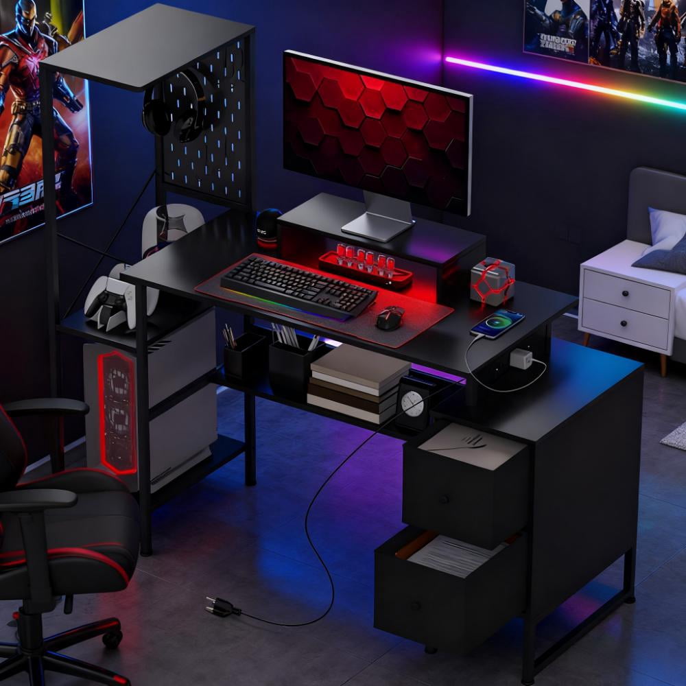 Computer Table Photo Gaming Gaming Desk with Storage, Computer Table with Power Outlets and LED ...