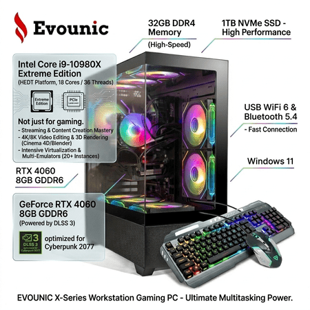 PreBuilt Gaming Desktop PC - Intel Core i9-10980X 18Core , RTX 4060 8GB GDDR6, 32GB DDR4, 1TB SSD, USB WiFi 6, BT5.4, 650W PSU, Windows 11,ARGB 9Fans & Keyboard & Mouse