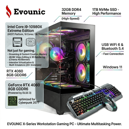 PreBuilt Gaming Desktop PC - Intel Core i9-10980X 18Core , RTX 4060 8GB GDDR6, 32GB DDR4, 1TB SSD, USB WiFi 6, BT5.4, 650W PSU, Windows 11,ARGB 9Fans & Keyboard & Mouse