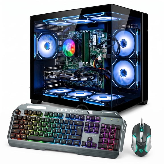Gaming Desktop PC Ryzen 7 Radeon R7 450 16GB RAM 512GB SSD WiFi 6 & BT5.4 ARGB Fan Win11 With RGB Keyboard & Mouse
