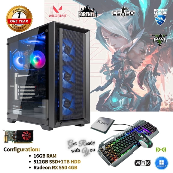Desktop Gaming PC, Ryzen 5 PRO 2400G, RX 550 4GB, 16GB RAM, 512GB SSD +1TB HDD, 6Argb Fans, WIFI6 BT5.4, Win11, RGB Keyboard & Mouse,650W