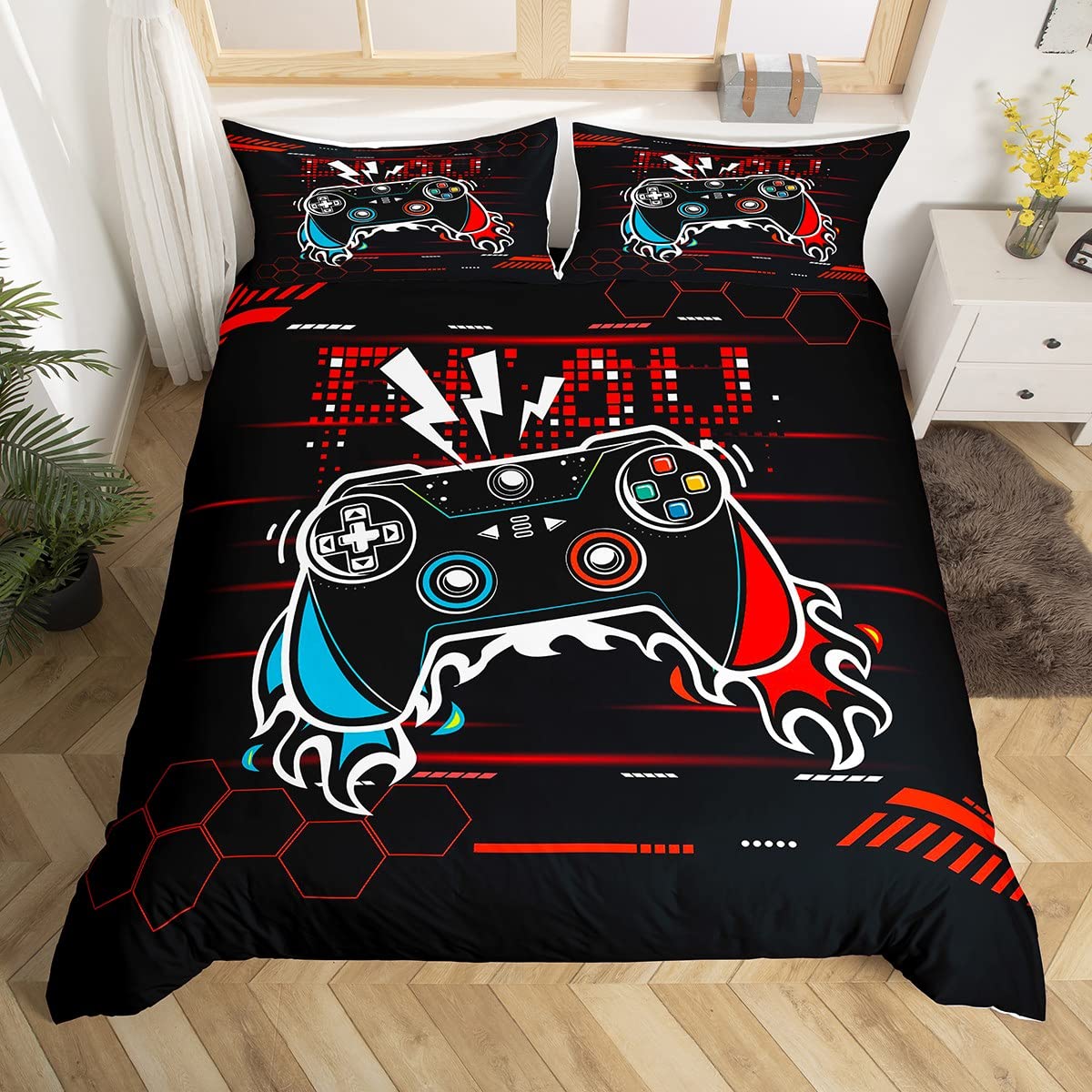 Gaming Duvet Cover Blue Fire Gamer Bedding Set Gamepad Comforter Cover