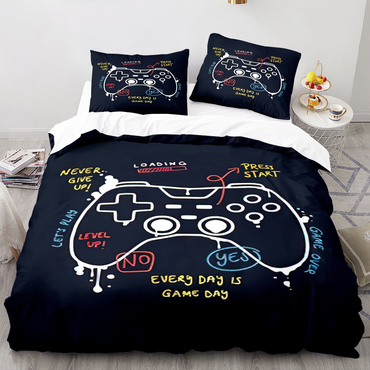 Gamer Bedding Set For Boys - Full Size Duvet Cover & Pillow Shams, Tie-Dye Galaxy & Gamepad Design