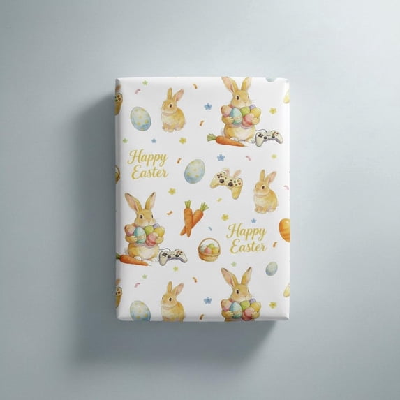 Gaming Easter Wrapping Paper - Jumbo Sheets, Bunny Gift Wrap with Happy Easter, Rabbits, Easter Eggs, Carrots, Floral and Controllers, for Easter, Spring