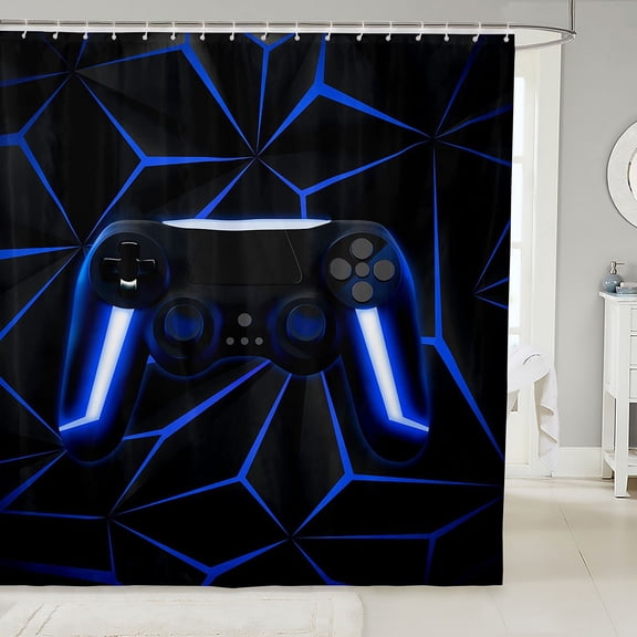 Gaming Fabric Shower Curtain Video Game Gamer Console Shower Curtain Black And Blue Gaming Bathroom Shower Curtain Sets, Gamer Gamepad Controller Bathroom Accessories 72"Wx72"L