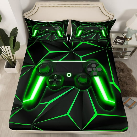 Gaming Fitted Sheet Game Home Decor Gamer Controller Bed Sheets Teens Geometry Gamepad Sheets for All Season, Lightweight Durable (Green,Queen)