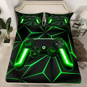 Gaming Fitted Sheet Game Home Decor Gamer Controller Bed Sheets Teens Geometry Gamepad Sheets for All Season, Lightweight Durable (Green,Twin)