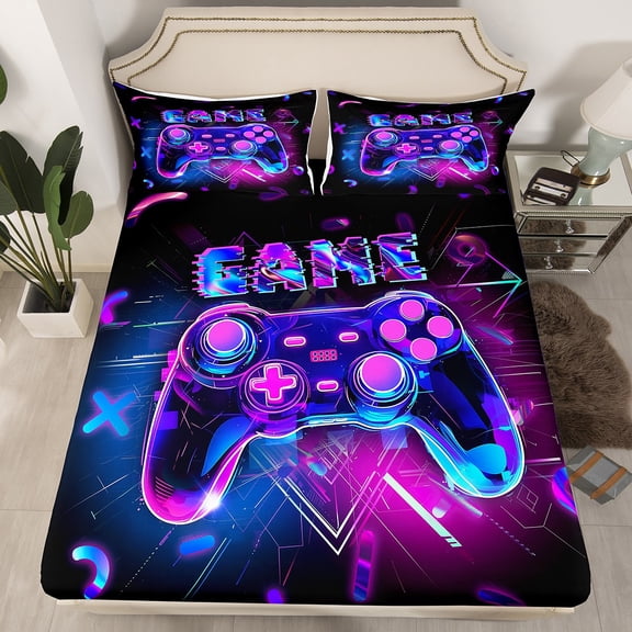 Gaming Fitted Sheet Gamer Full Bed Sheets ,3D Gamepad Sheets Game Room Decor,Neon Purple Teal Room Decor