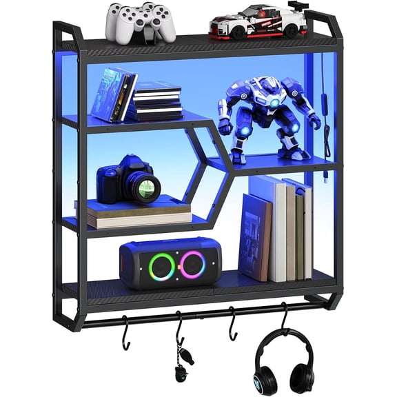 Gaming Floating Shelf with LED Lights, 27.5" LED Wall Mounted Shelf with Hanging Rod & 4 S-Hooks, 4-Tier Hanging Display Rack, for Living Room, Gaming Room, Black BB71DBJ01