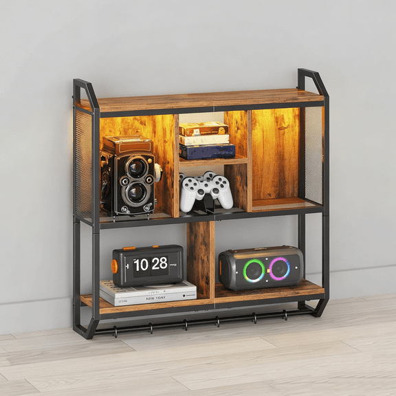 Gaming Floating Shelf with LED Lights, LED Wall Mounted Shelf, 3-Tier Display Rack for Wall Storage, Floating Rack with Hanging Rod and 6 S-Hooks, Rustic Brown and Black