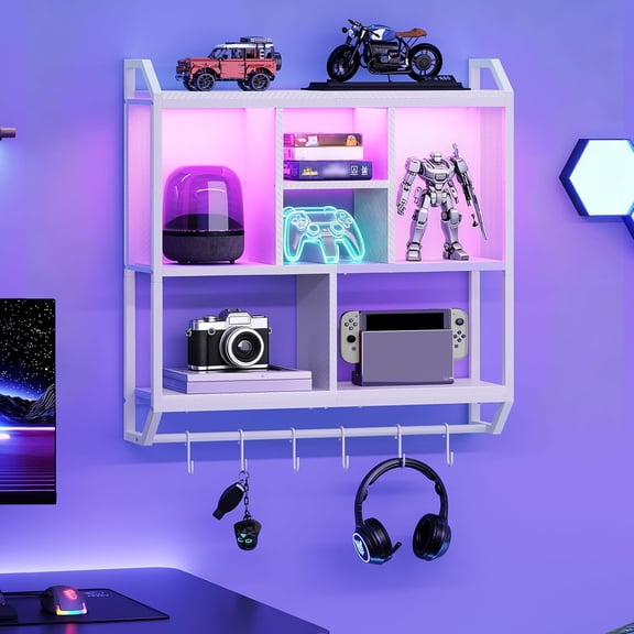 Gaming Floating Shelf with LED Lights, 28.7 Inch Wall-Mounted 3-Tier Display Rack in White with Hanging Rod and 6 S-Hooks