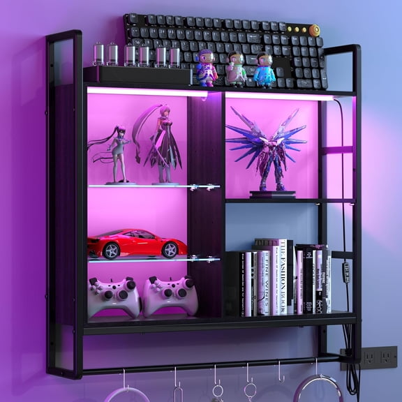 Gaming Floating Shelves, 34" LED Wall-Mounted Shelf with Adjustable Glass Shelf, 5-Tier Gaming Shelves Hanging Display Rack with 6 S-Hooks for Gaming Room Decor Wine Coffee Bar - Black