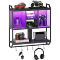 thumbnail image 1 of Gaming Floating Shelves with LED Lights, 28.7" LED Wall Mounted Shelf, 3-Tier Display Rack for Wall Storage, Floating Rack with Hanging Rod and 6 S-Hooks, for Gaming Room, Black, 1 of 9