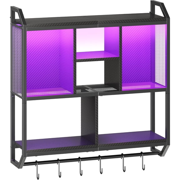 Gaming Floating Shelves with LED Lights, 28.7" LED Wall Mounted Shelf, 3-Tier Display Rack for Wall Storage, Floating Rack with Hanging Rod and 6 S-Hooks, for Gaming Room, Black