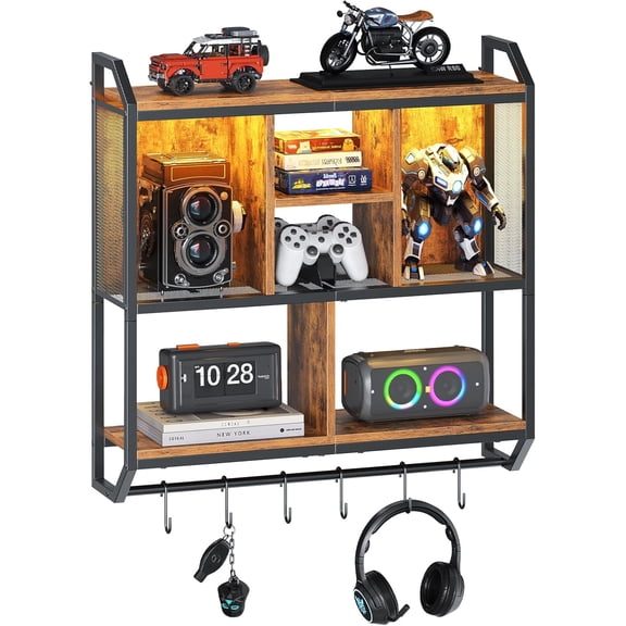 Gaming Floating Shelves with LED Lights, 28.7" LED Wall Mounted Shelf, 3-Tier Display Rack for Wall Storage, Floating Rack with Hanging Rod and 6 S-Hooks, for Gaming Room