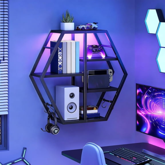 Gaming Floating Shelves with LED Lights, Gaming Wall Mounted Shelf, Hexagonal Display Rack for Wall Storage, Floating Rack with 4 S-Hooks, for Gaming Room, Black BB76DBJ01