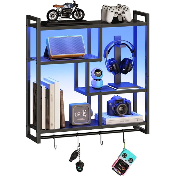 Gaming Floating Shelves with LED Lights, LED Wall Mounted Shelf, 4-Tier Floating Wall Shelf for Storage, Display Rack with Hanging Bar and 4 S Hooks, for Gaming Room