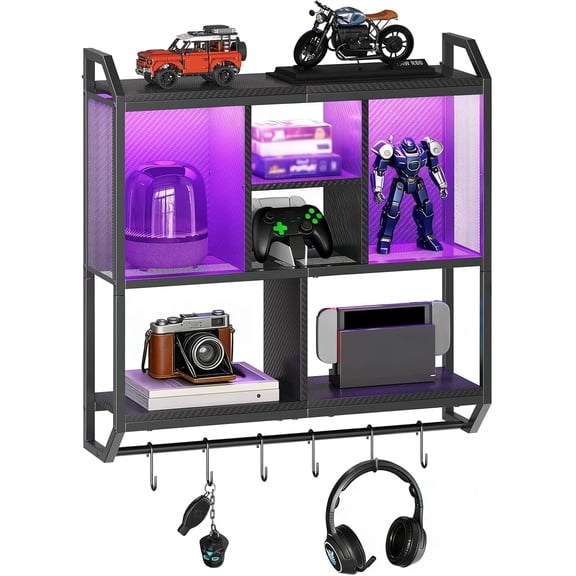 Gaming Floating Shelves with LED Lights, LED Wall Mounted Shelf, Display Rack for Wall Storage, Floating Rack with Hanging Rod S-Hooks, for Gaming Room