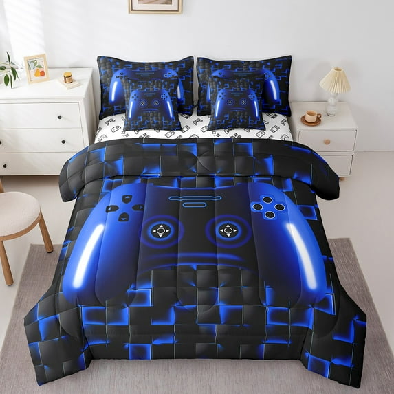 Gaming Full Comforter Set Teen Game Controller Bedding Set 7 Piece Gamer Bed In A Bag All Season,Blue And Black Geometric Checkered Bed Set For Young Men,Soft Lightweight