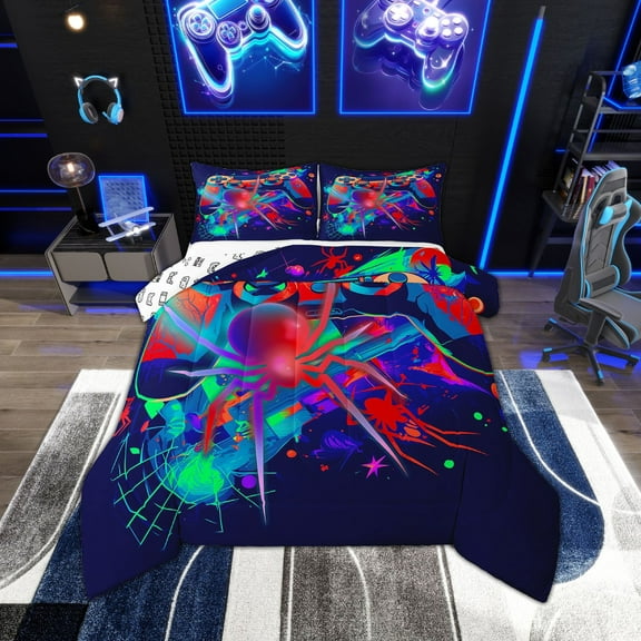 Gaming Full Size Comforter Sets - Gamer Comforter Full Size Bedding Set, Ghost Spider Web Halloween Decorations Red Blue Green Gamer Room Decor