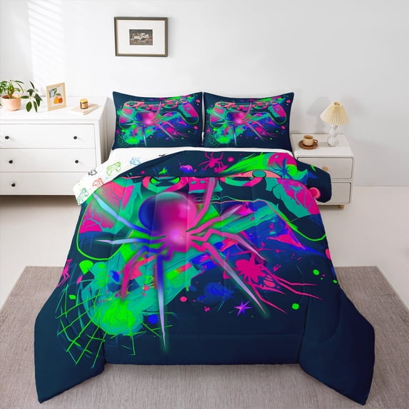 Gaming Full Size Comforter Sets - Gamer Comforter Full Size Bedding Set, Gothic Spiderwebs Halloween Decorations Blue Green Purple Gamer Room Decor