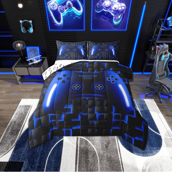 Gaming Full Size Comforter Sets Teen Game Controller Bedding Set 3Pcs Gamer Comforter For All Season,Blue And Black Geometric Checkered Quilt Set For Young Men,Soft Lightweight