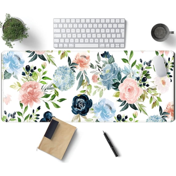 Gaming Green Desk Mat Desk Mouse Pads Purple Blue Pink Floral Mouse Pad Large, XL Big Computer Keyboard Mouse Mat Desk Pad Mat with Stitched Edge for Women Home Office Decor Deskmat 31.5x11.8 in