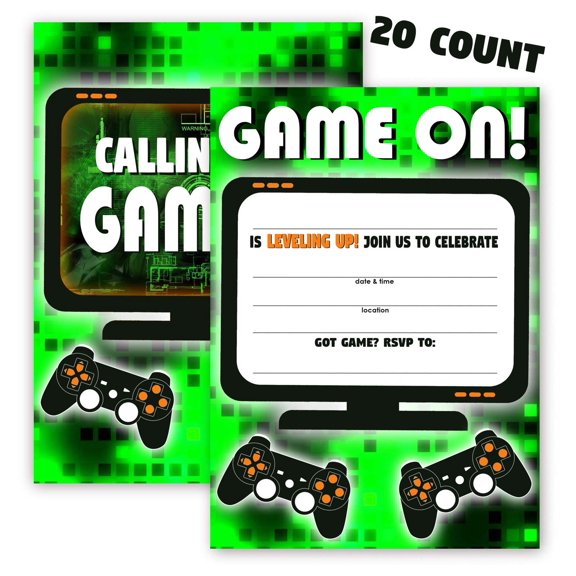 Gaming Green Party Invitations - 20 Invitations + 20 Envelopes - DOUBLE SIDED - Video Game Invitations - Game Truck Party Supplies - Green 20ct