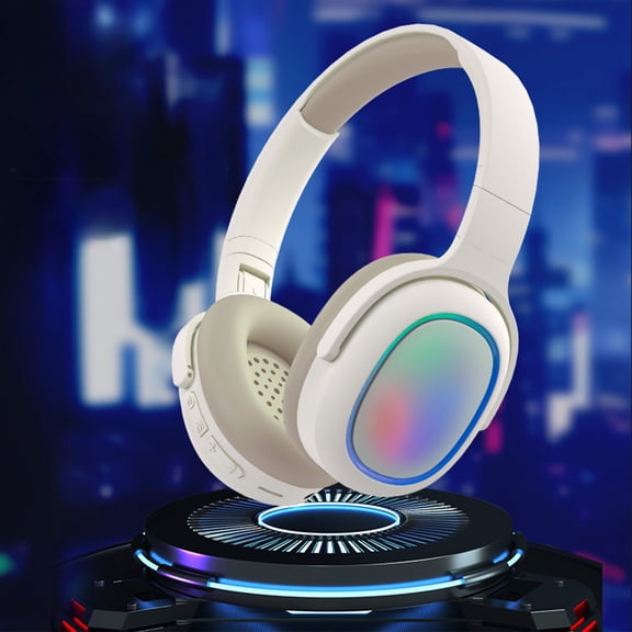Gaming Headphones, Hwkond Bluetooth 5.3 Wireless Headphones Cool Light Effect HD Call Active Noise Reduction HIFI Sound Quality Long Range Bluetooth Headphones,Beige